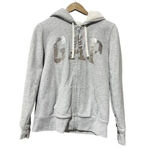 GAP Hoodie Womens Medium Sherpa Lined Full Zip Sweatshirt Jacket Pockets Cozy